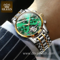 OLEVS 6607 Men Stainless Steel Automatic Mechanical Watches Classic Bracelet Water Resistant With Date Week Green Luxury Watch